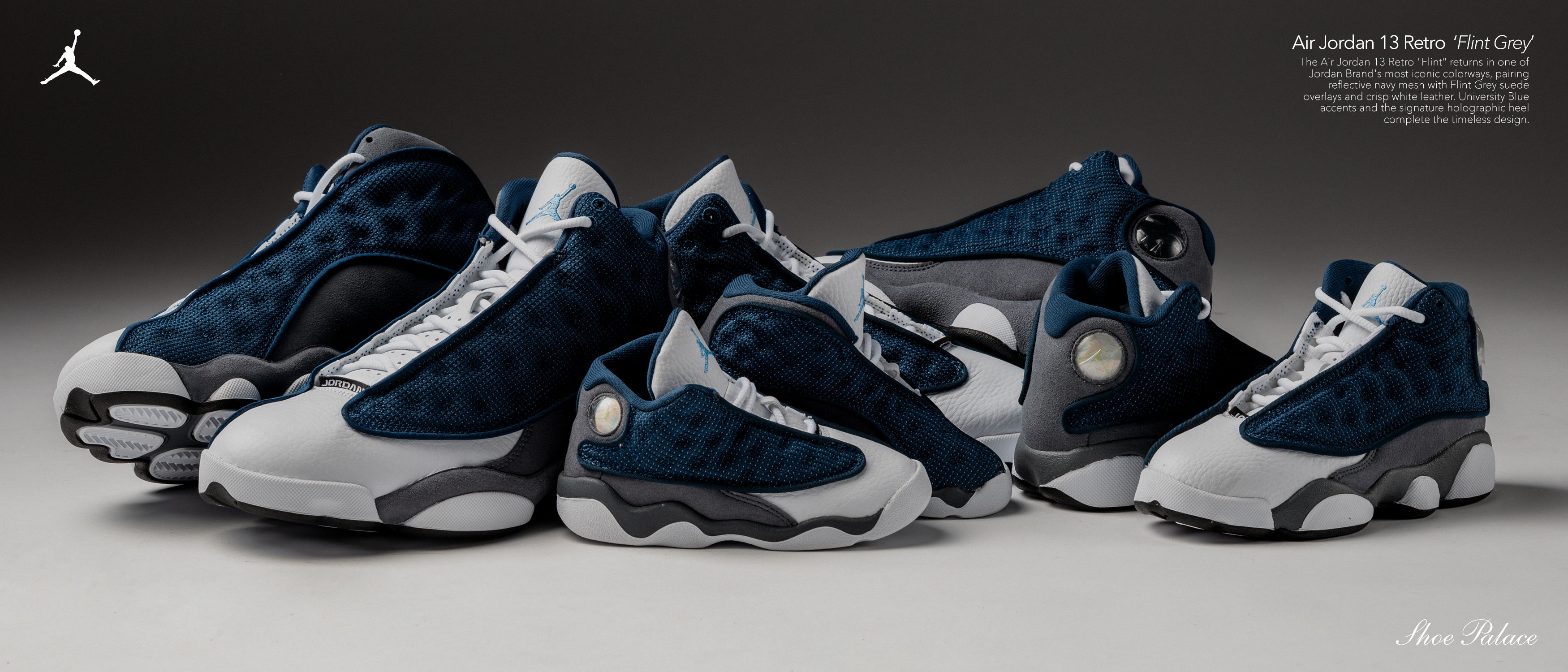 A collection of Air Jordan sneakers in navy and white colors.