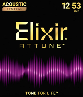 Elixir Attune acoustic guitar strings packaging with logo and specifications.