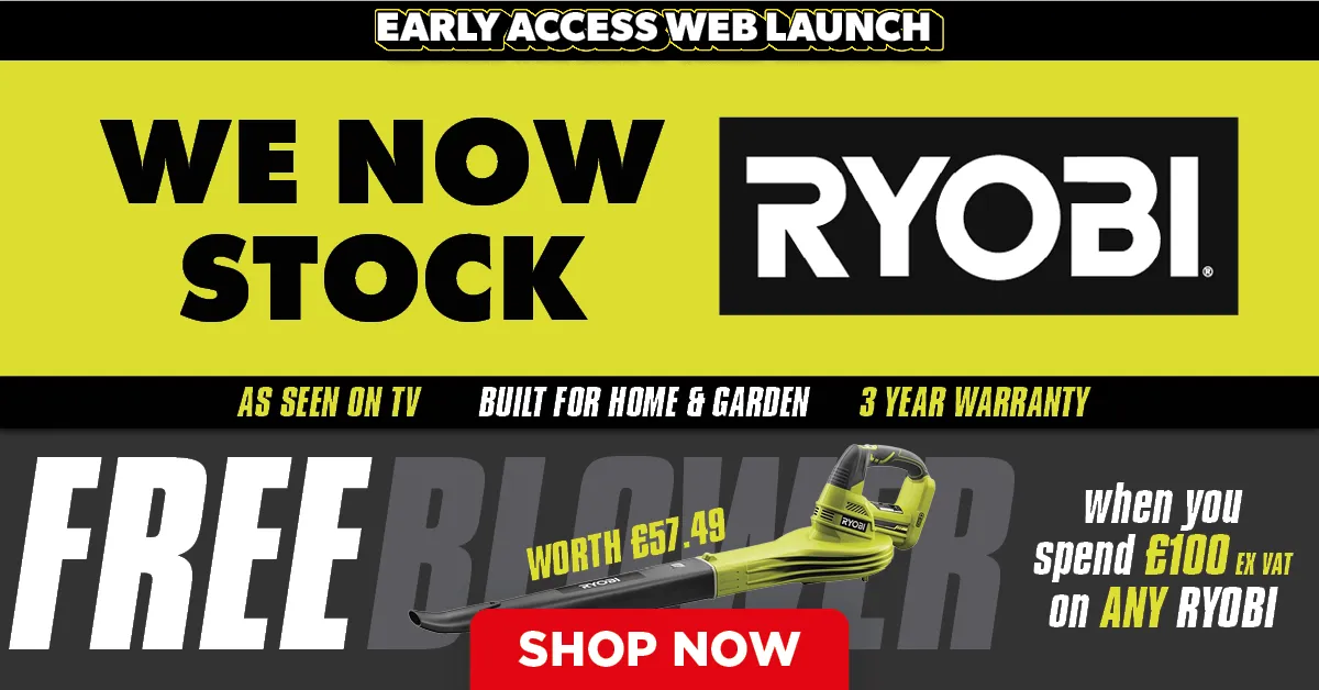 Promotional banner for Ryobi products with free blower offer.