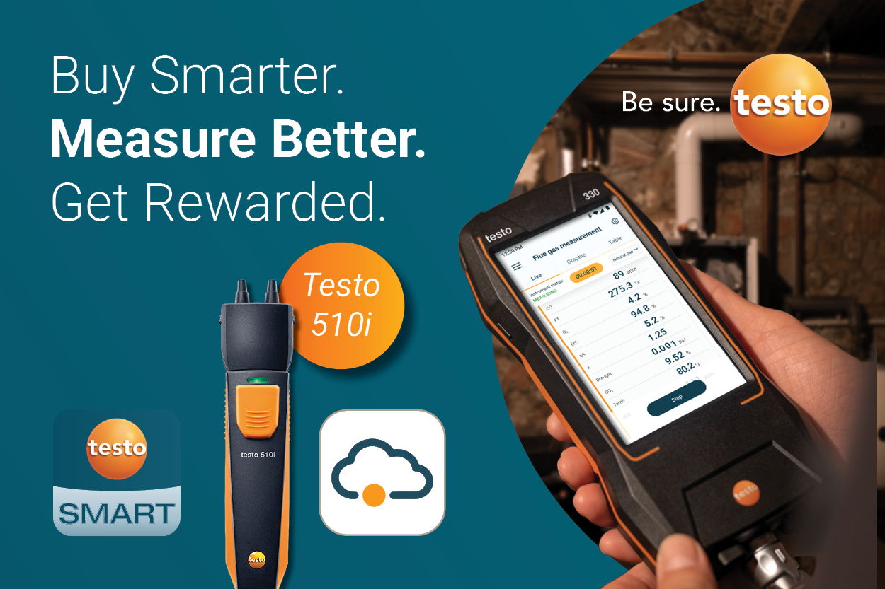 Buy a qualifying Testo combustion analyzer, complete certification training, and receive a free Testo 510i differential pressure meter.