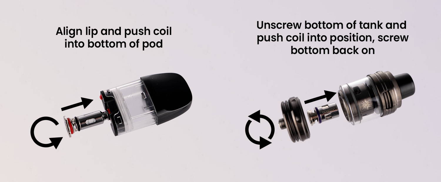 Image showing coil installation in vaping pods and tanks.