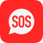 Red background with a white speech bubble containing SOS in bold red letters.
