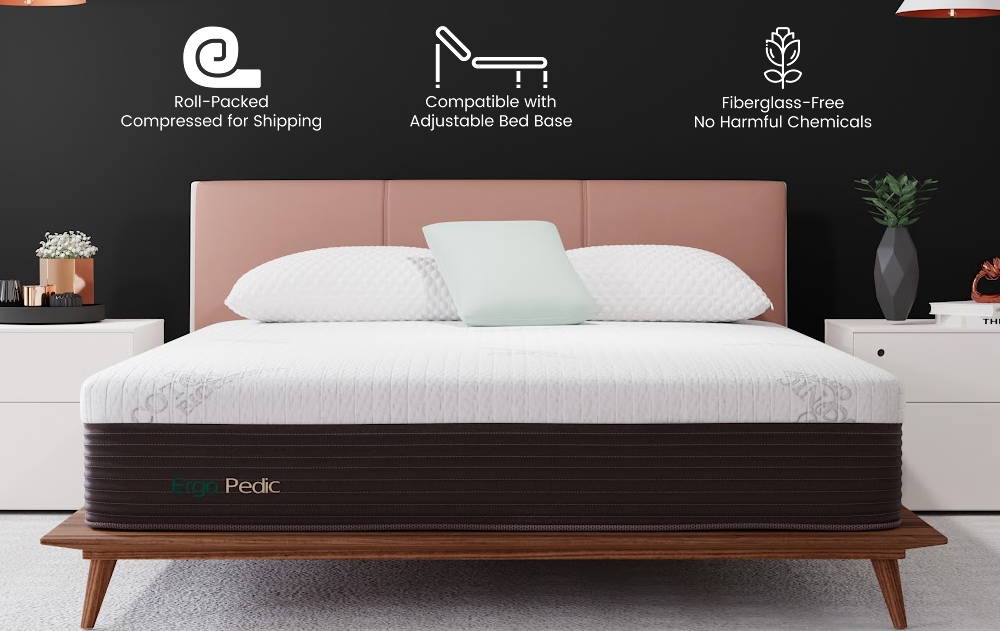 Memory Foam Mattresses by Ergo-Pedic are roll-packed and compressed for shipping, fiberglass-free with no harmful chemicals, and are compatible with adjustable bases.