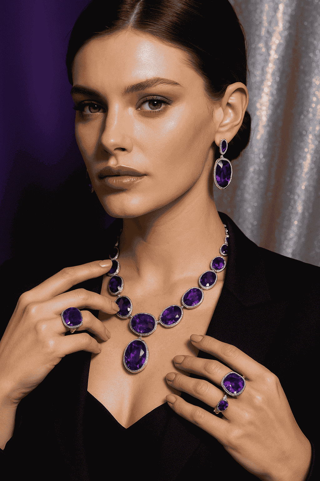 Model wearing elegant amethyst gemstone necklace, earrings, and rings featuring purple birthstone jewelry set in silver at luxury photoshoot