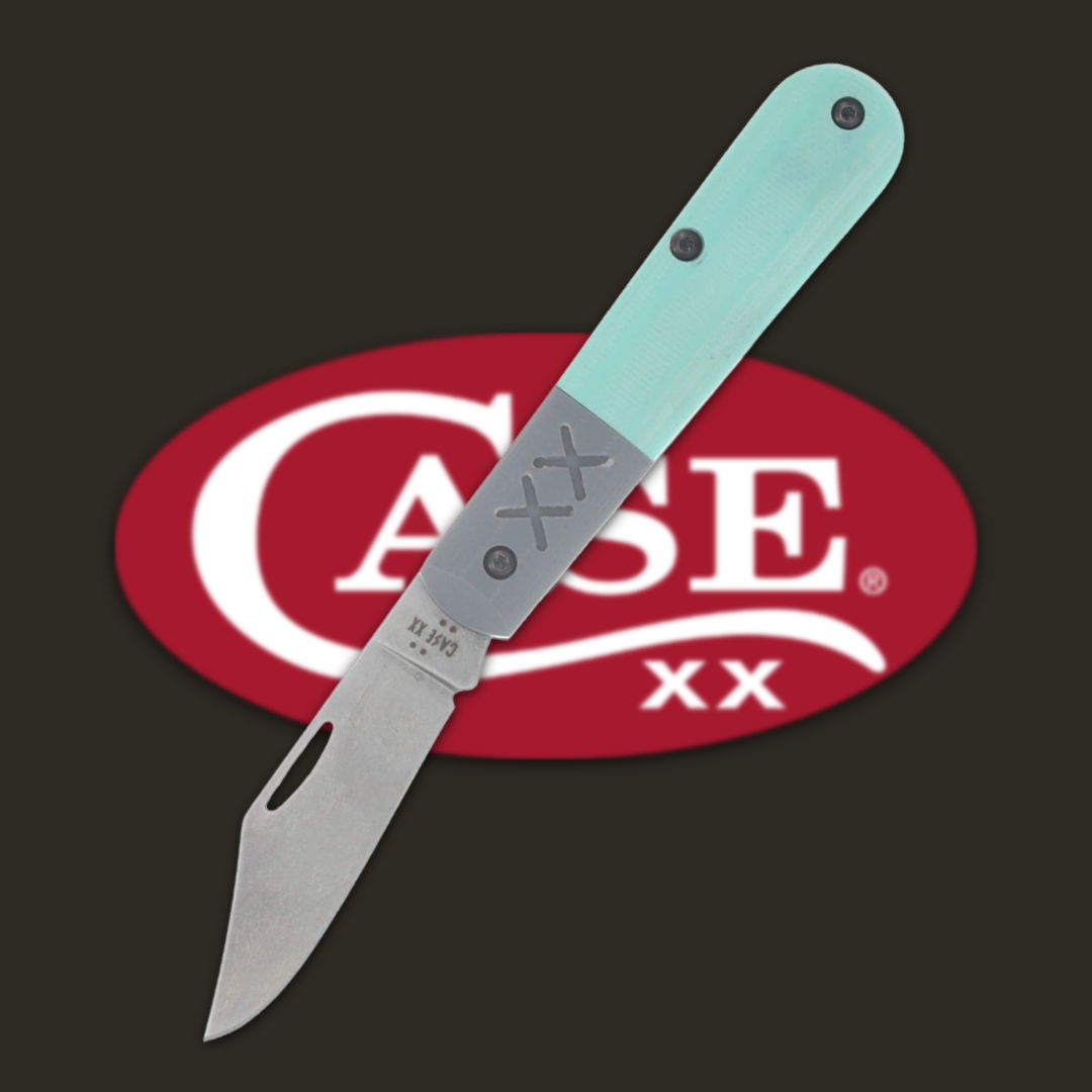 A folding knife with a mint green handle and a silver blade.