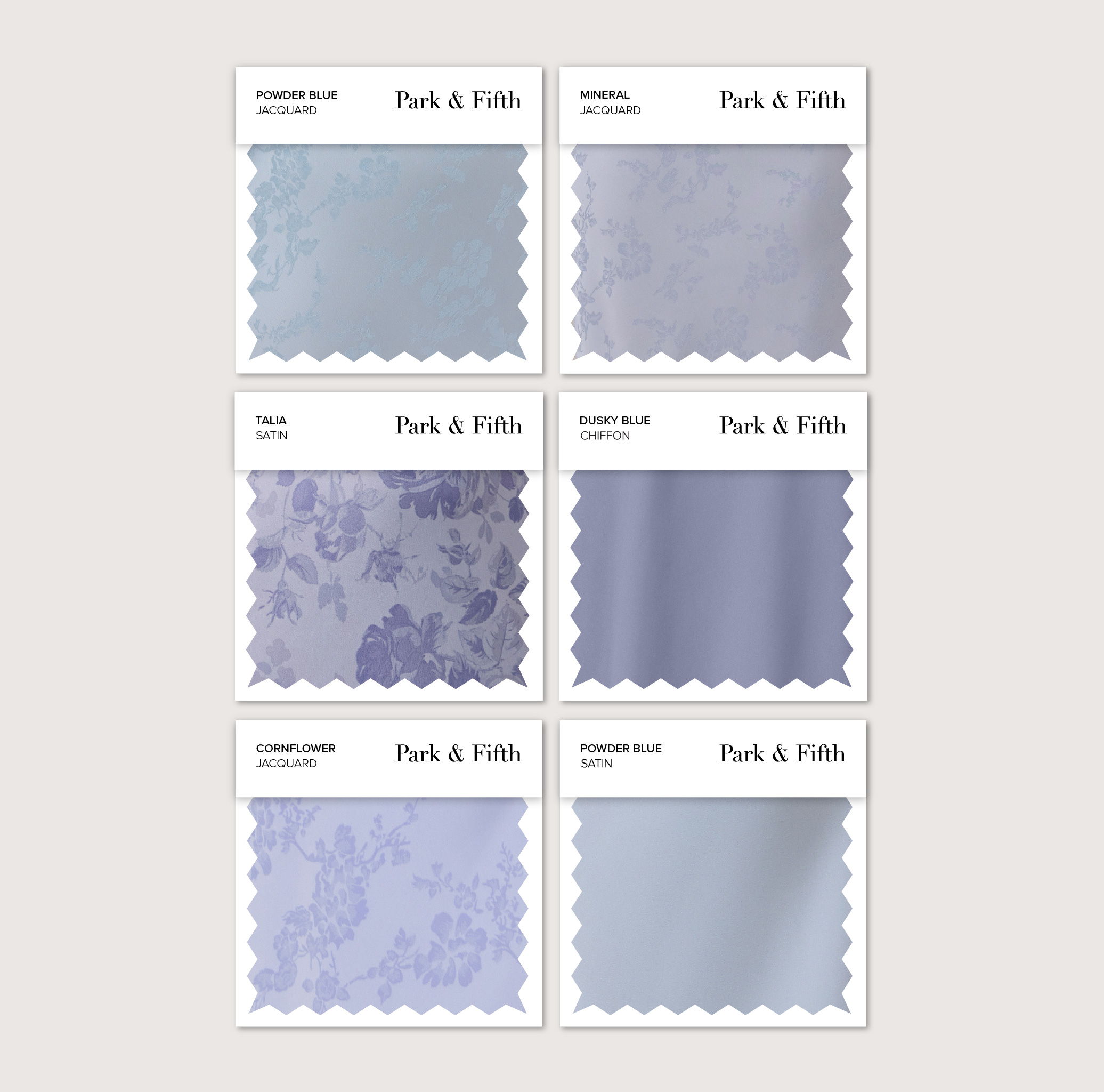 Six fabric swatches in shades of blue and purple with decorative patterns.