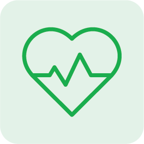 Green heart icon with a heartbeat line inside.