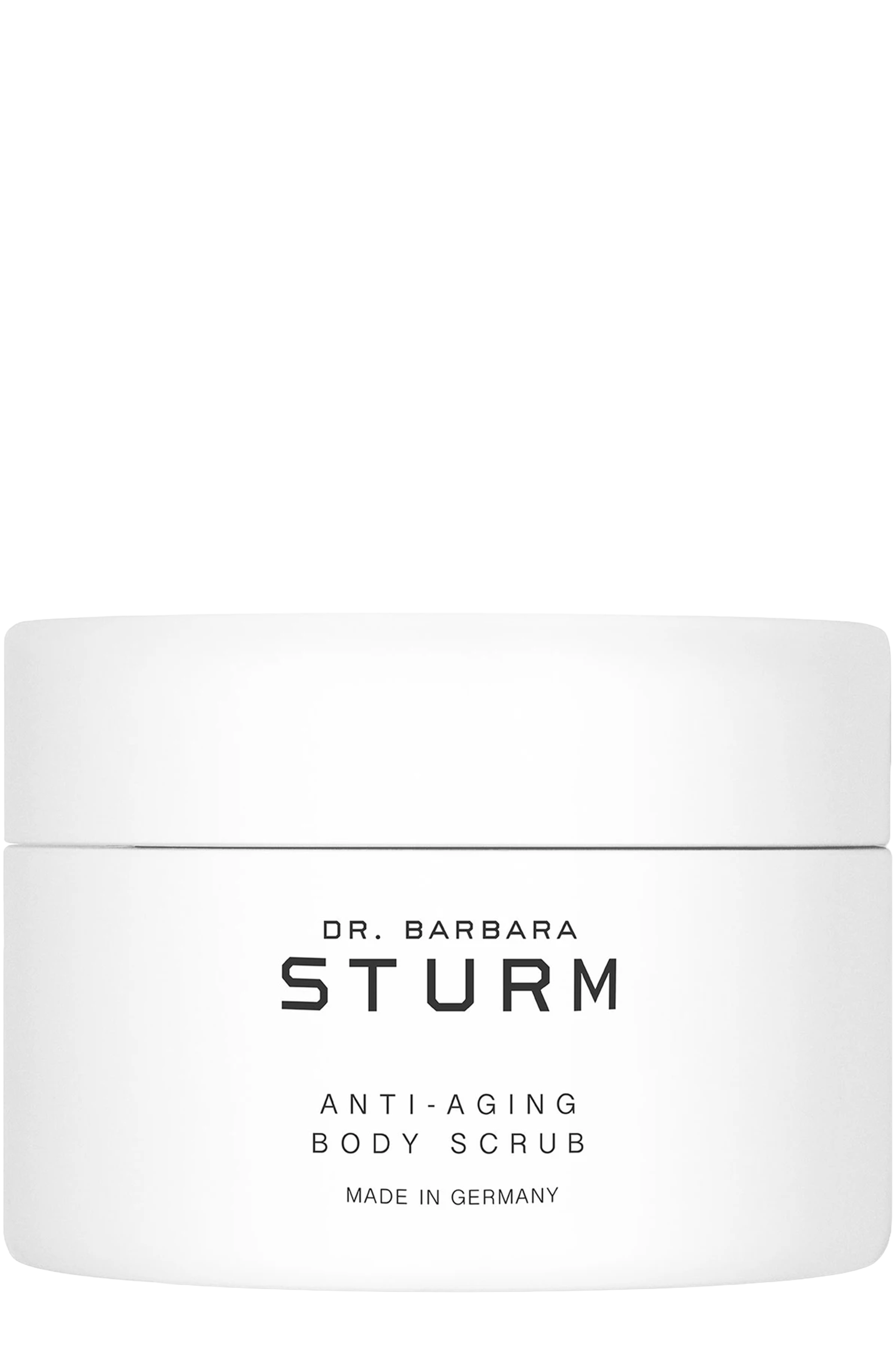 White jar of Dr. Barbara Sturm anti-aging body scrub, made in Germany.