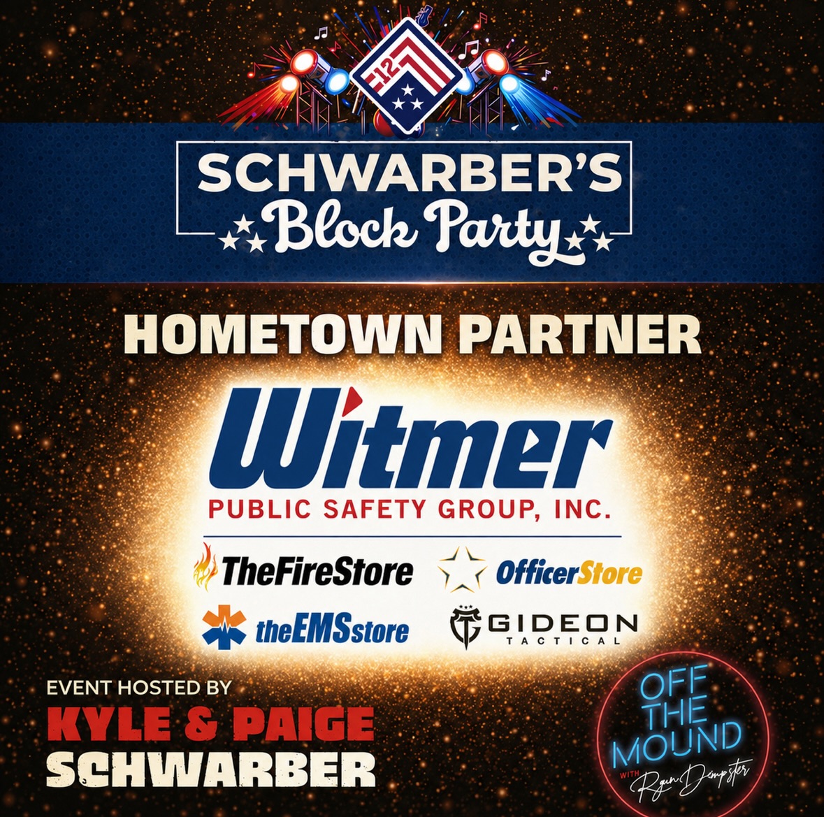 Schwarber's Block Party promotional image with event details and partners listed.