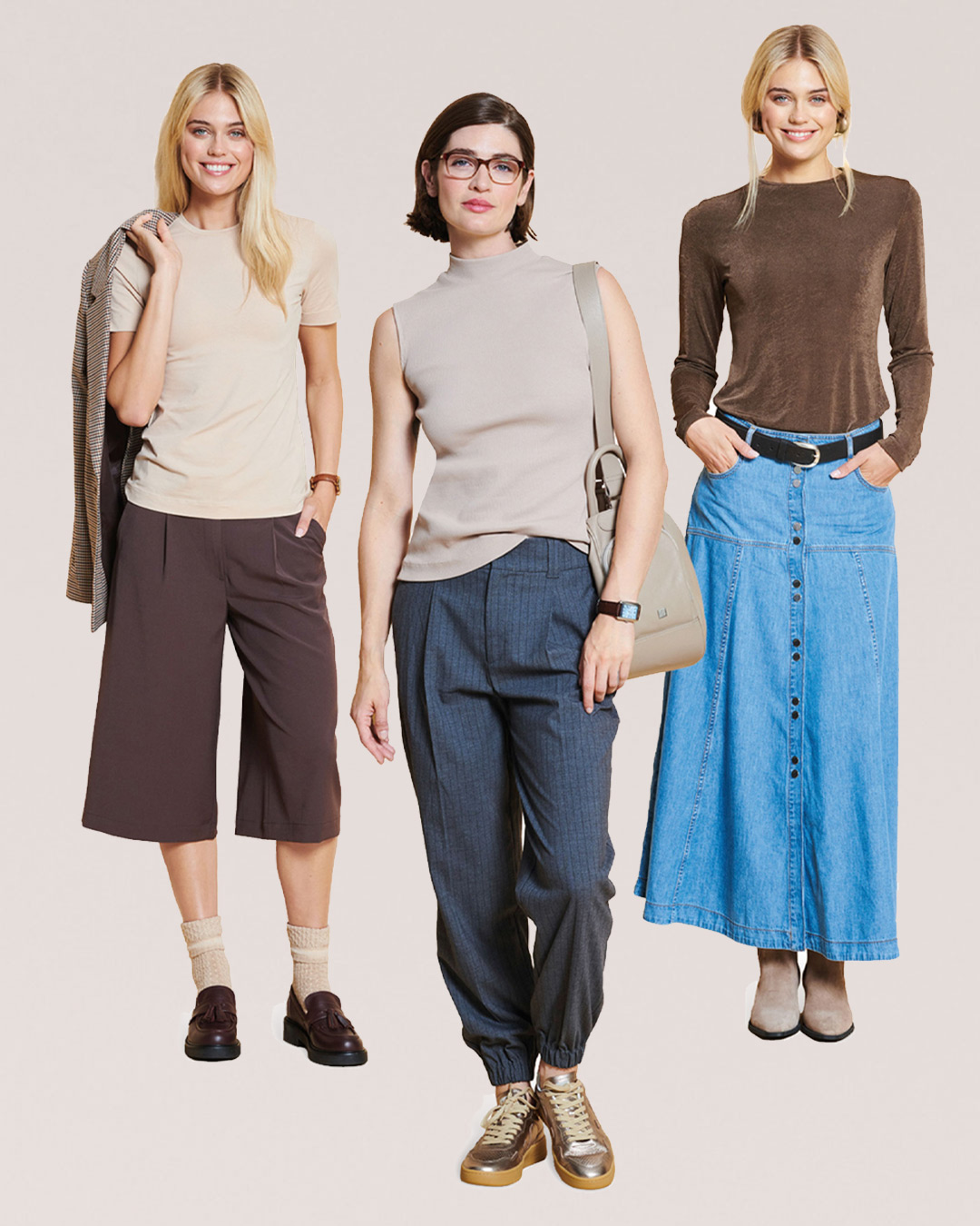 Three women modeling various outfits against a neutral background.
