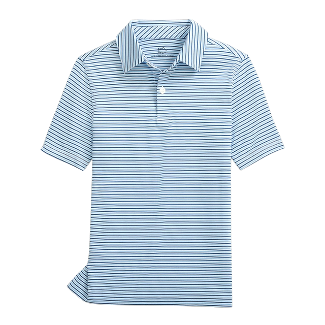 Light blue striped polo shirt with a collar and short sleeves.