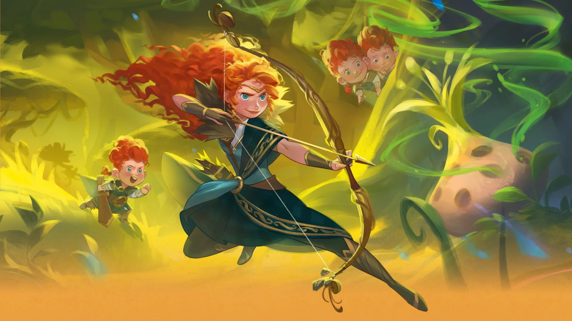 Disney Lorcana Wilds Unknown Rarest Cards - A brave girl with red hair wielding a bow in a magical forest.
