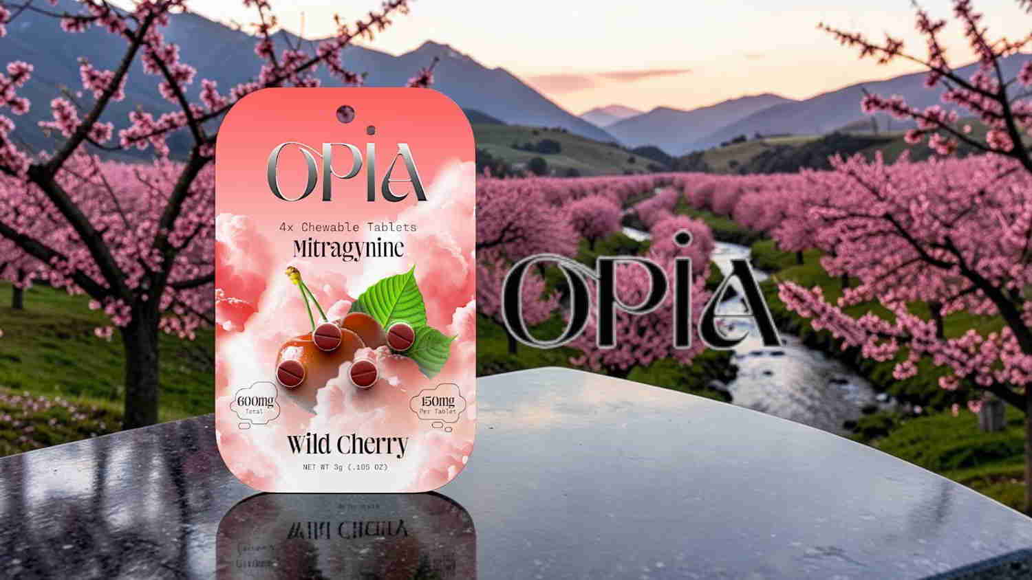 Packaged product with cherries against a scenic pink blossom background.