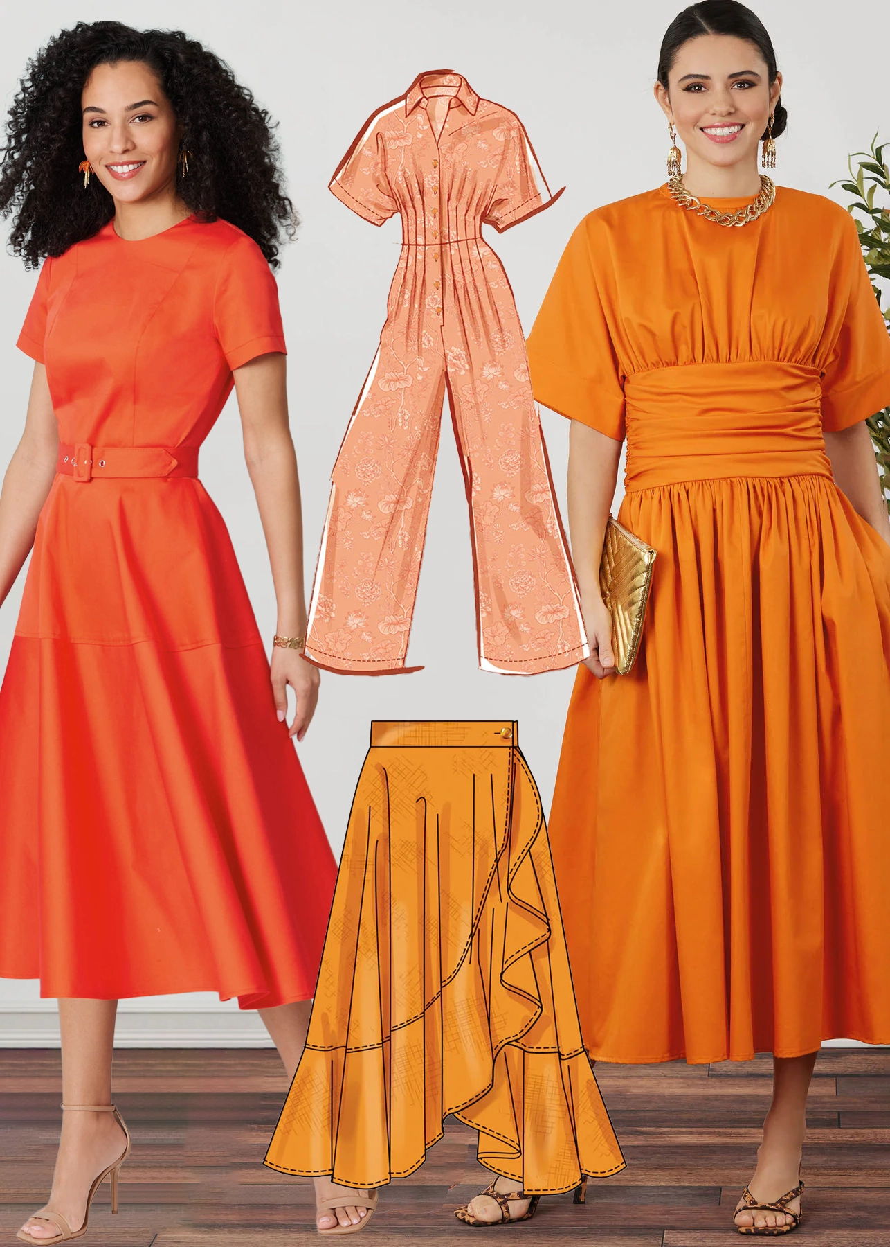Four women in orange outfits, showcasing dresses and jumpsuits in different styles.
