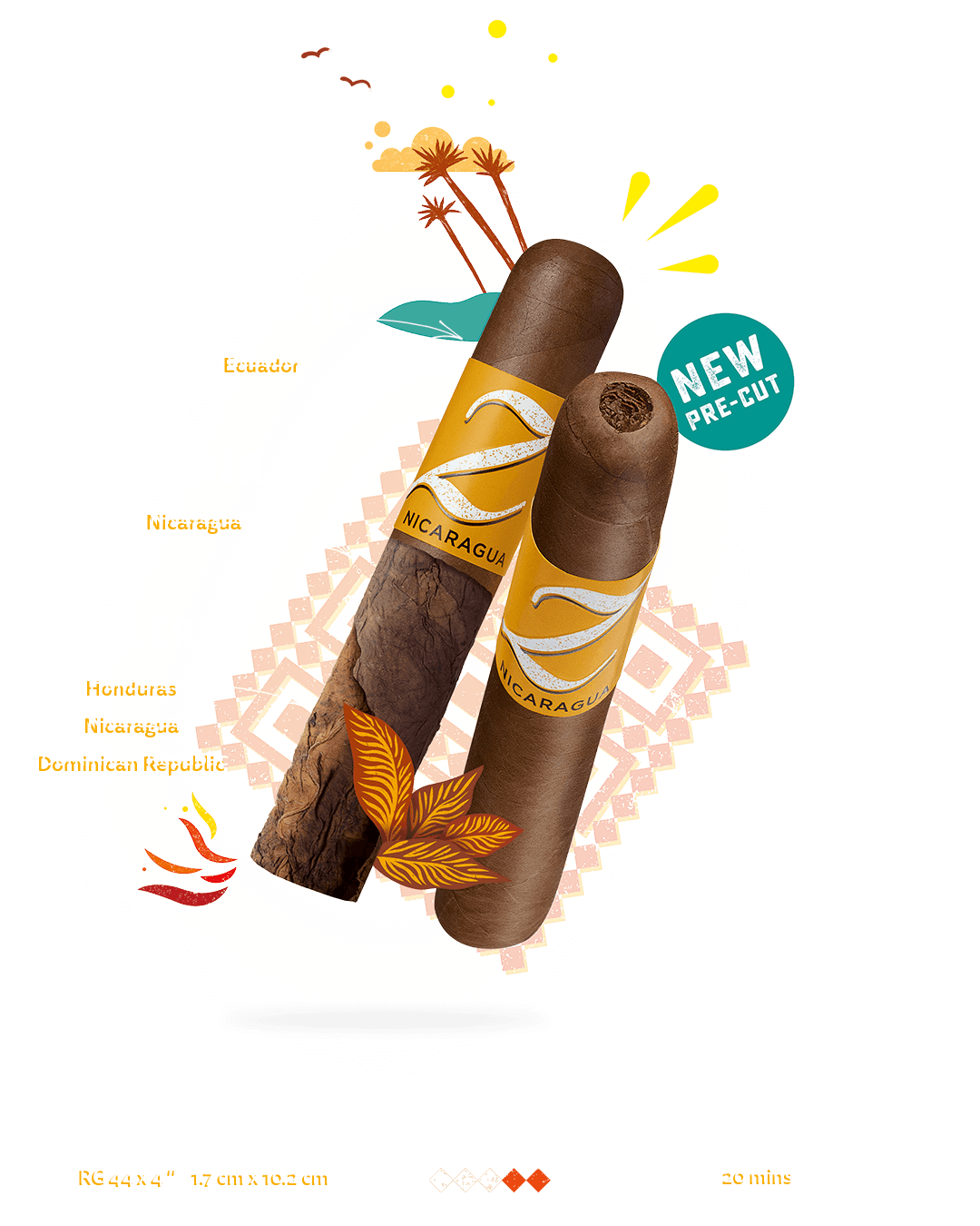 Taste banner of the pre-cut Zino Nicaragua Half Corona cigar with details about the tobacco blend, the main aromas, the enjoyment time and the intensity.