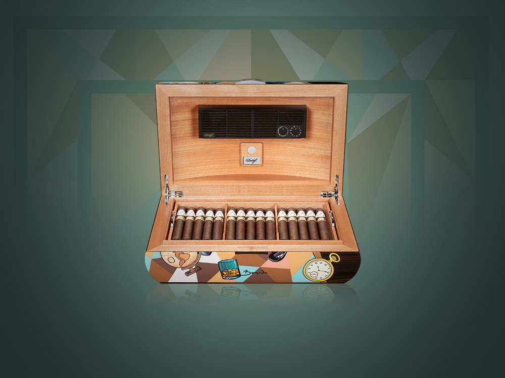 The opened Davidoff & Boyarde Masterpiece Humidor Geometrically Speaking, filled with exclusive toro cigars.