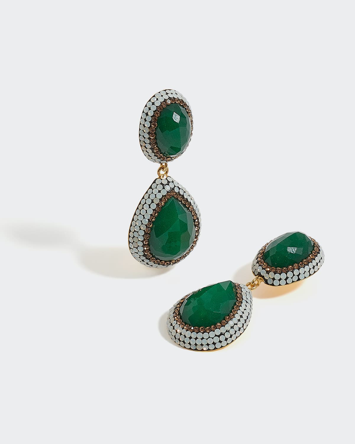 Soru Jewellery Jade Green earrings Large faceted jade green gemstones surrounded by opal and topaz sparkling crystals, 18ct gold plated solid silver