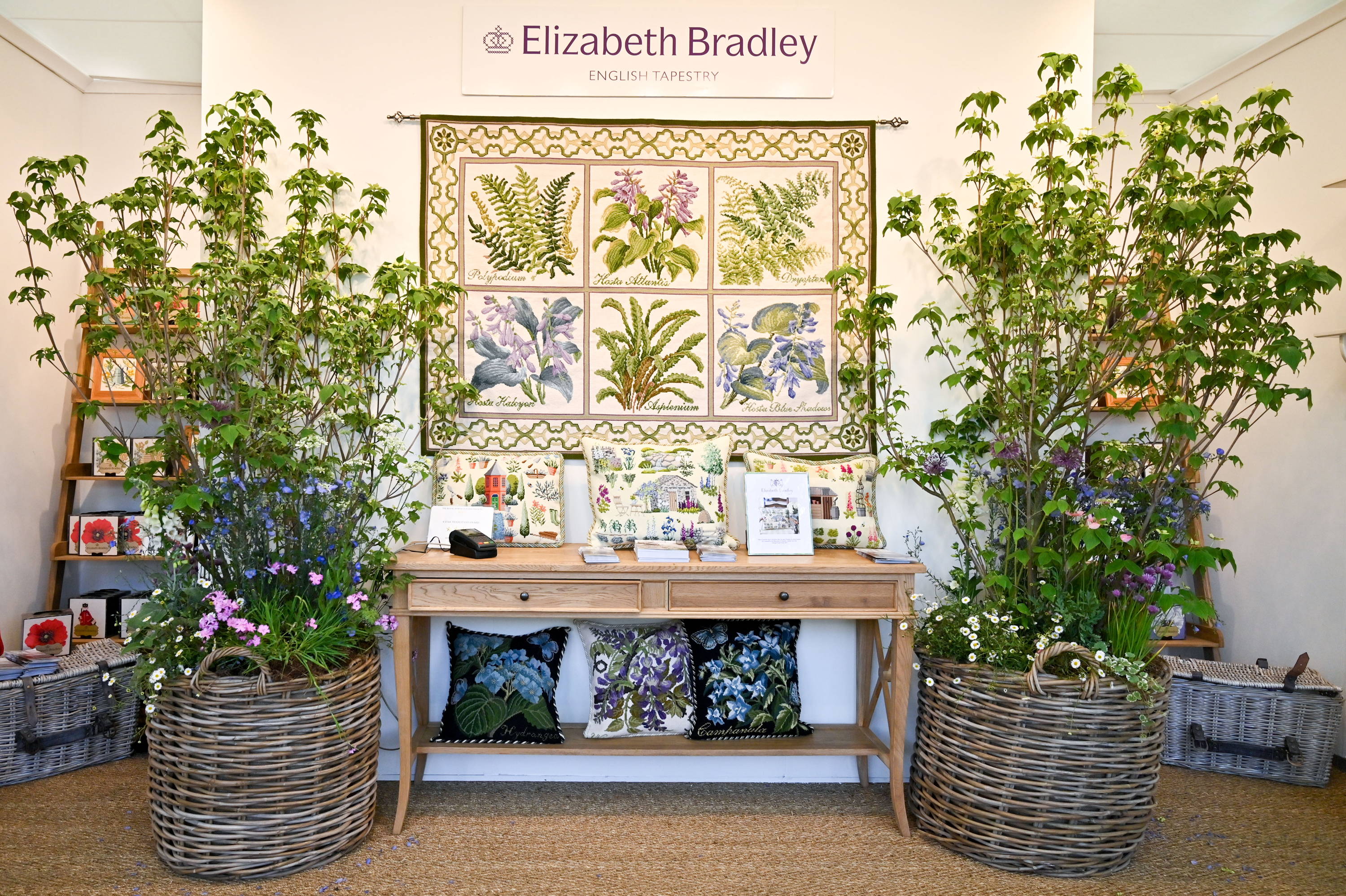 Elizabeth Bradley needlepoint display at 2019 Chelsea Flower Show booth
