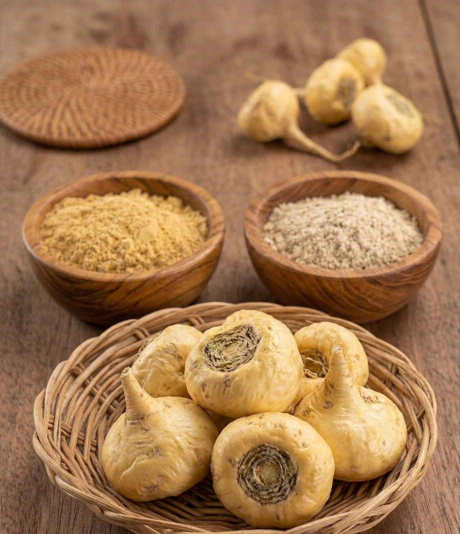 Maca Wurzel in Schale und Maca Pulver in Schalen