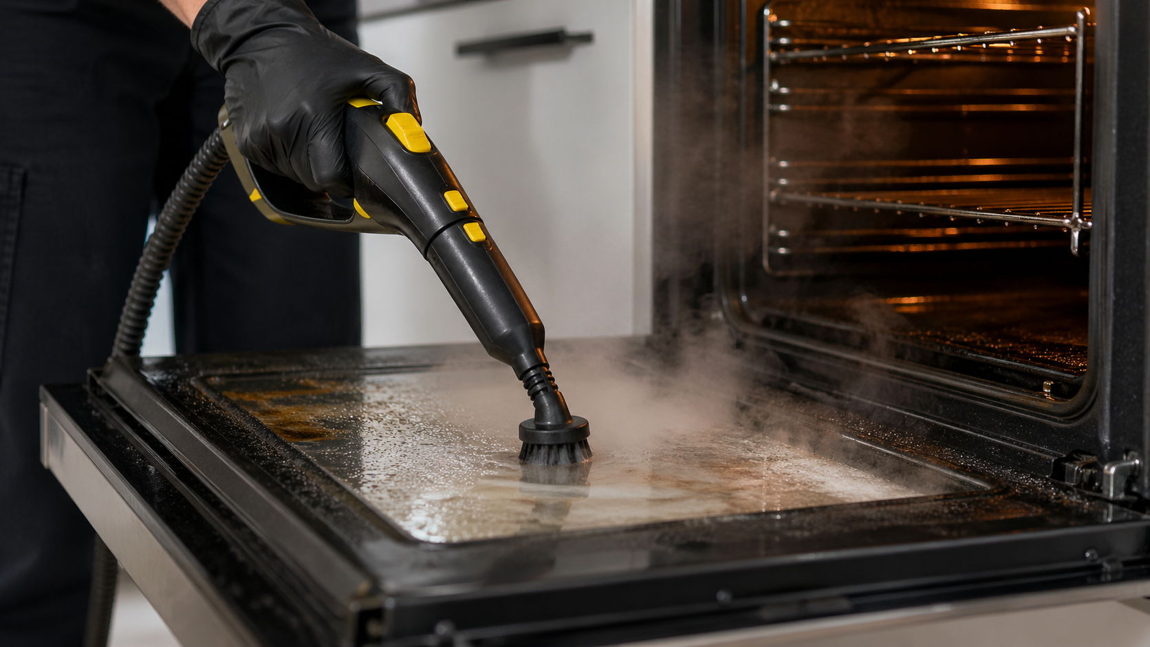 Person using a steam cleaner inside an oven, emitting steam.