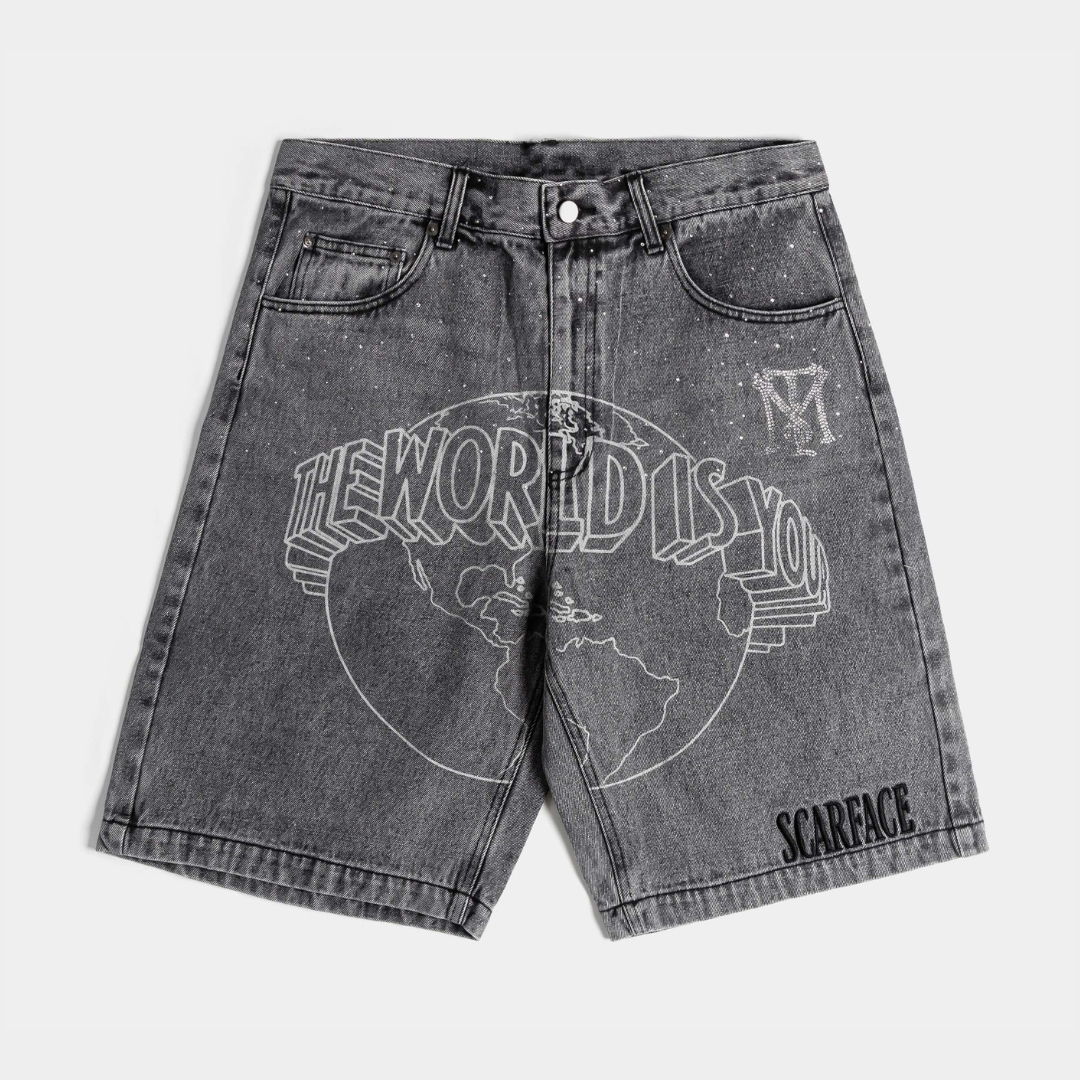 Gray denim shorts with world graphic and 