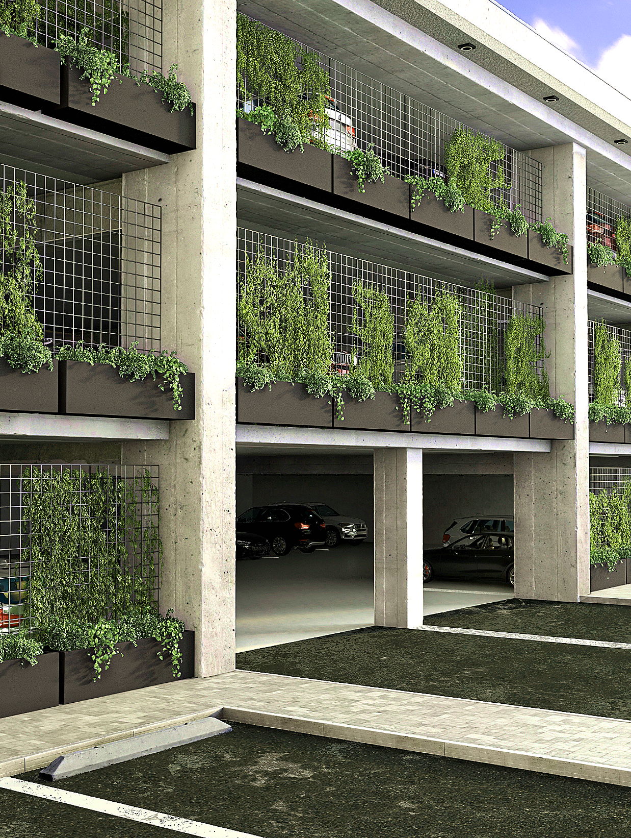 Modern parking structure with greenery and concrete features.