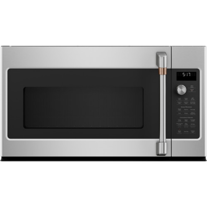 Cafe stainless steel microwave with a black front and control panel.