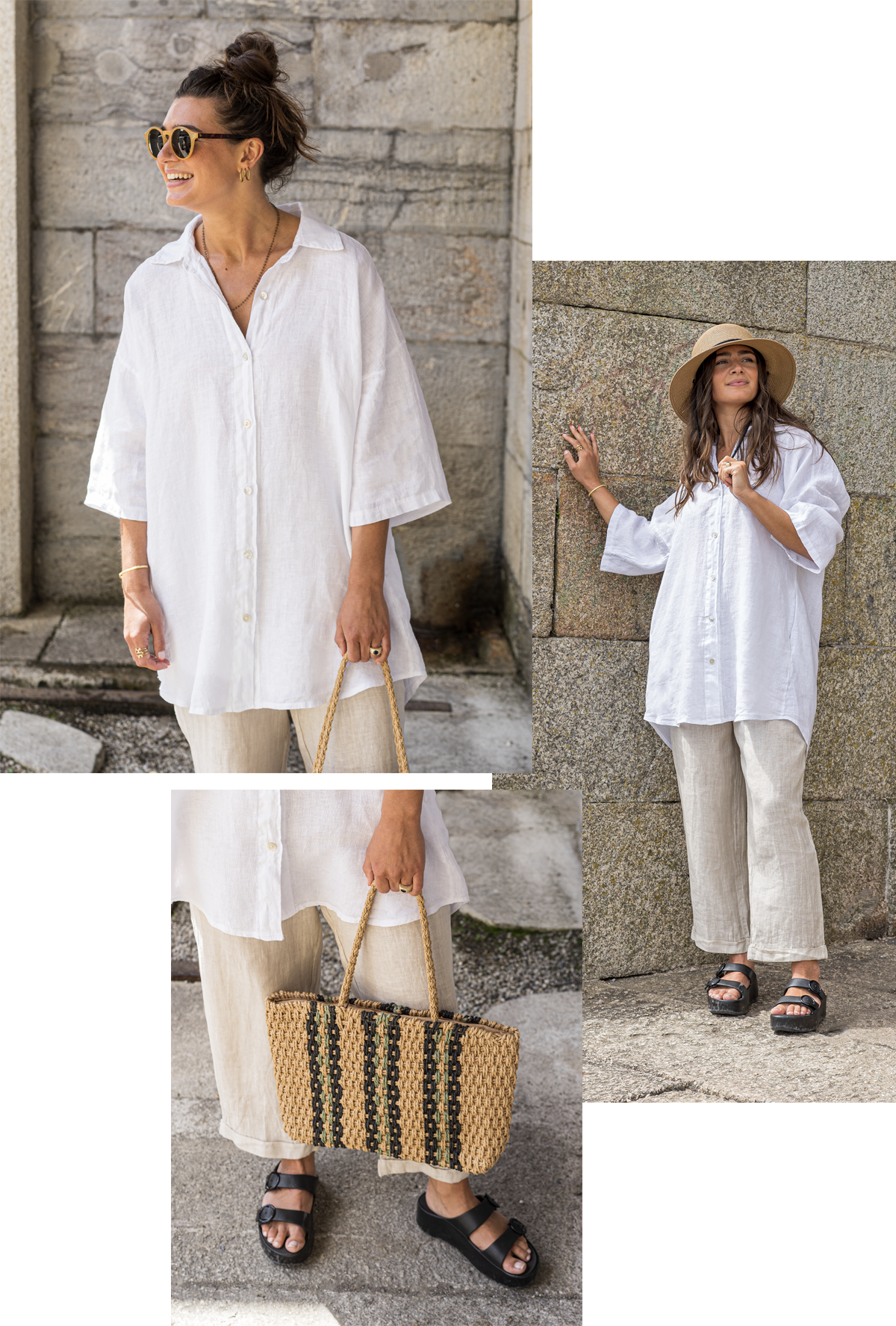 A model wearing a white linen shirt and beige trousers
