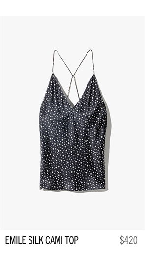 Black silk cami top with white polka dots and adjustable straps.