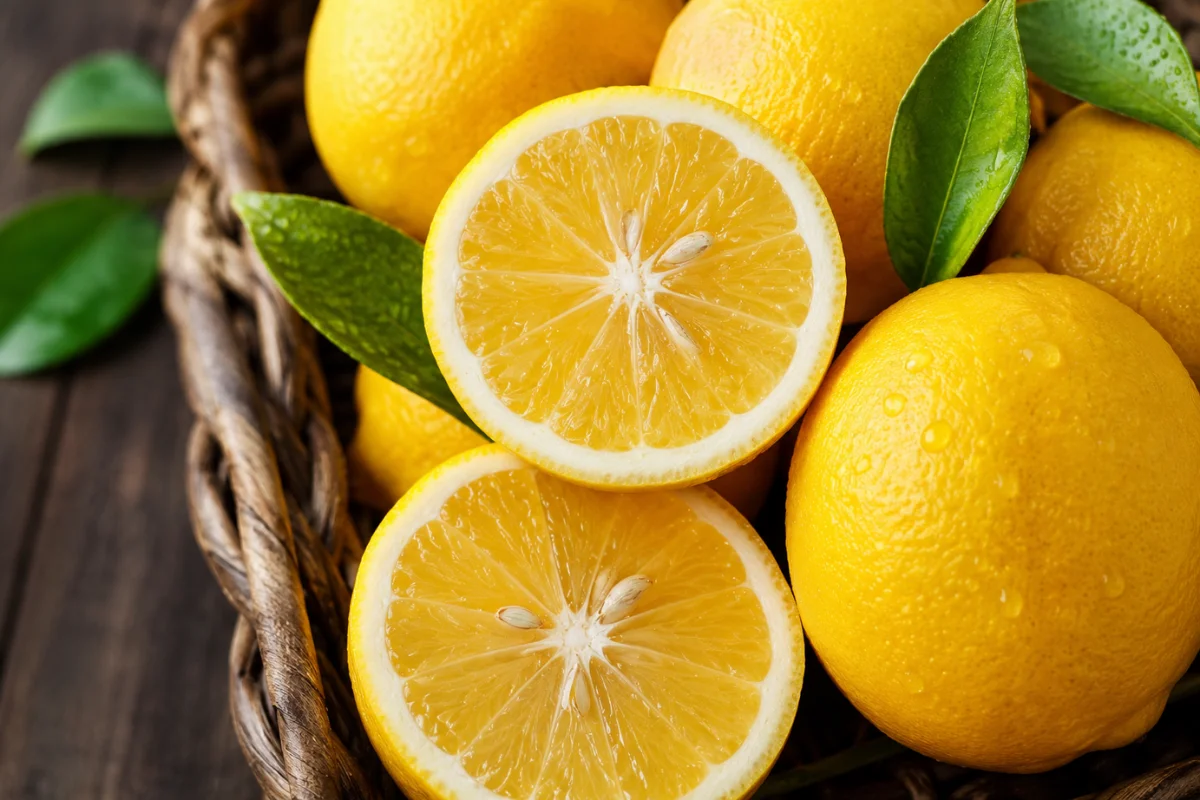 Fresh Meyer lemons in a rustic basket with sliced lemons showing juicy yellow flesh, highlighting homegrown citrus for edible landscaping and backyard harvests.