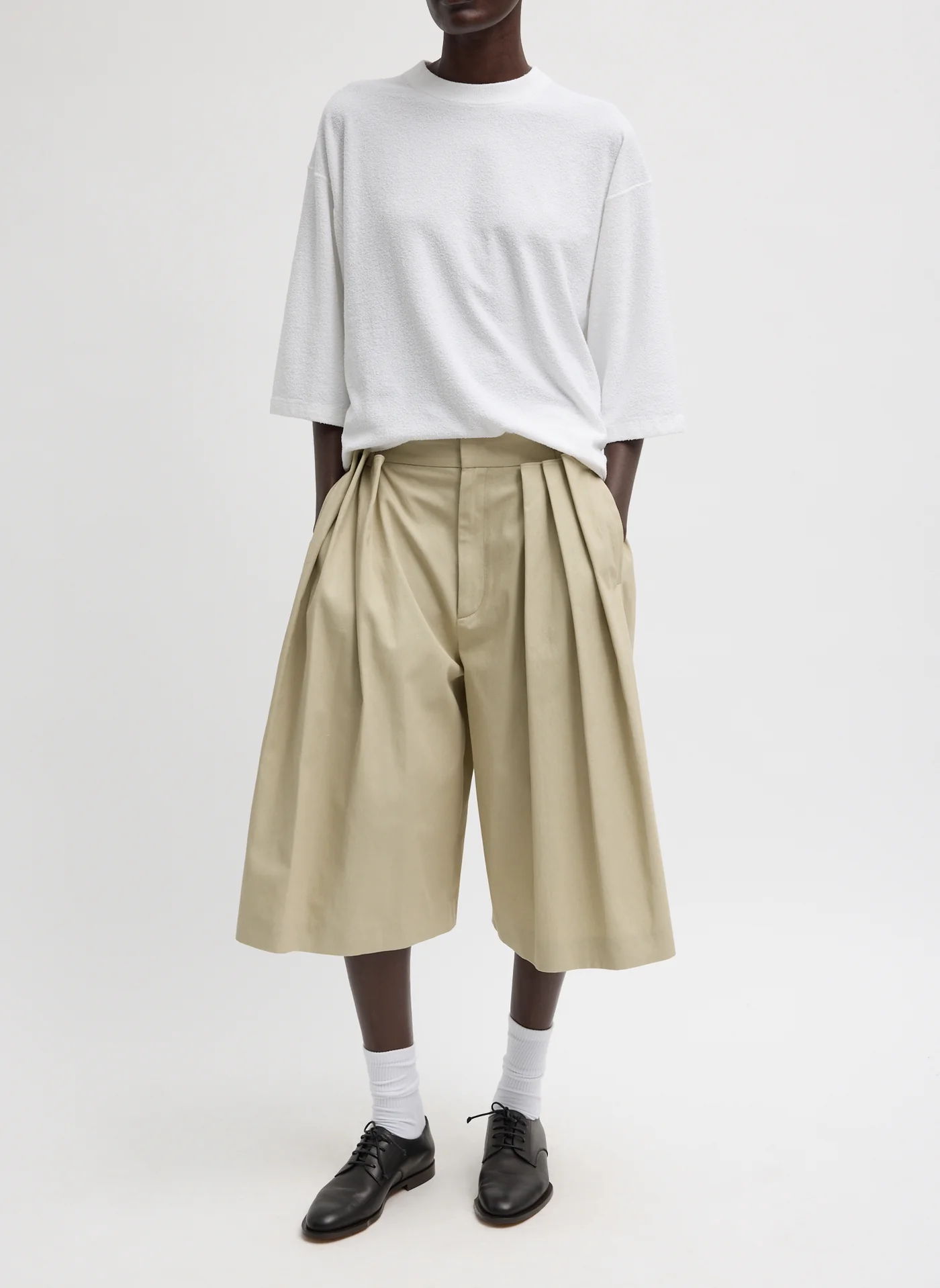 Luxe Spring Twill Tucked Pleated Wide Leg Short. Links to product.