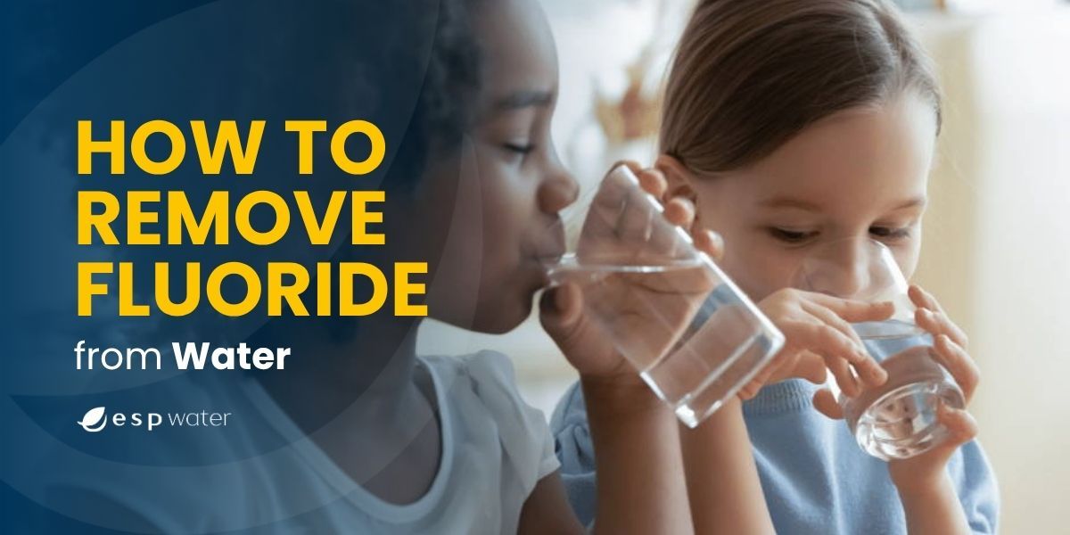 Two children drinking water with text about removing fluoride.