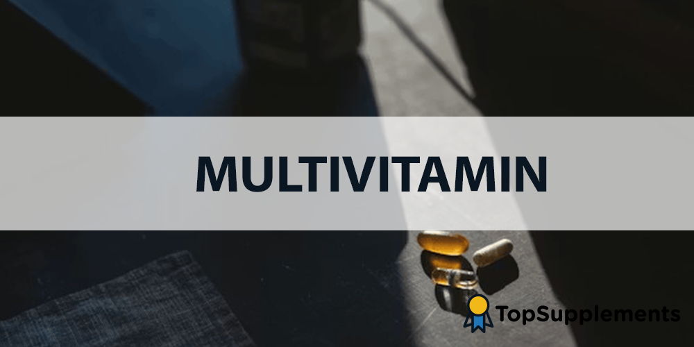Multivitamin bottle on a surface with the word 