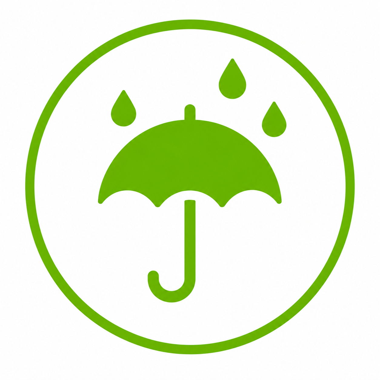 Green umbrella icon with raindrops in a circular design.