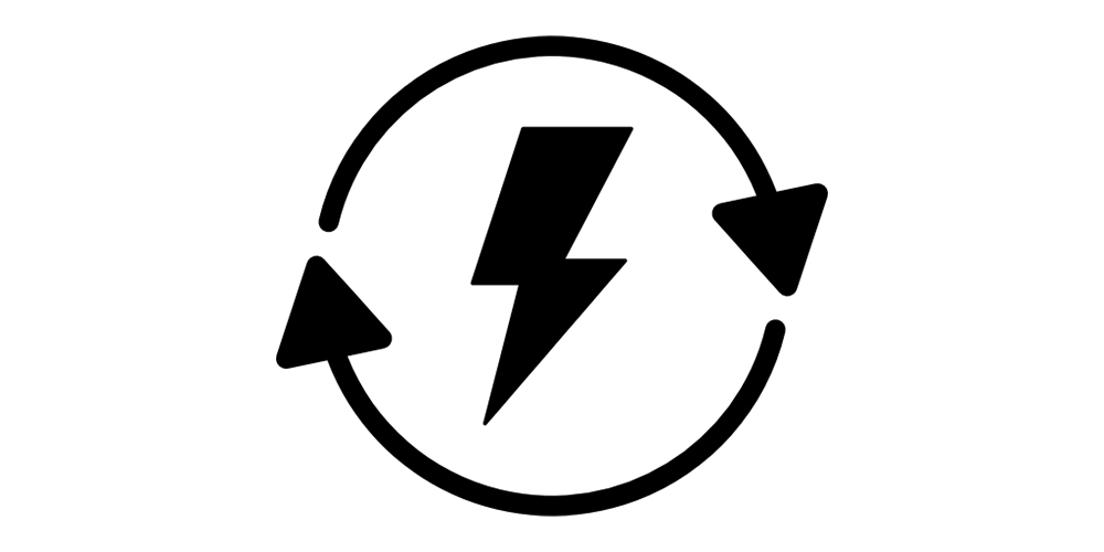 A circular arrow with a lightning bolt, symbolizing energy or recycling.