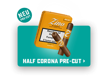 Zwei Zino Half Corona-Zigarren mit innovativem Pre-Cut vor ihrer gelben Dose.