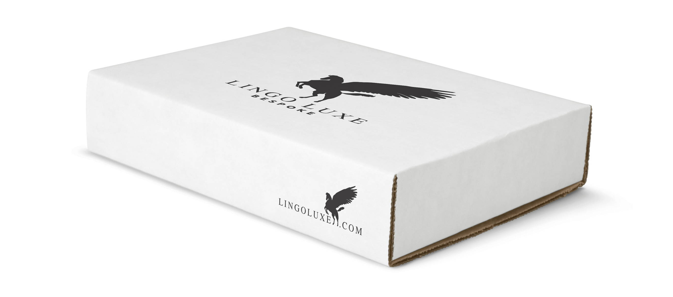 Lingo Luxe Bespoke shipping box with pegasus logo