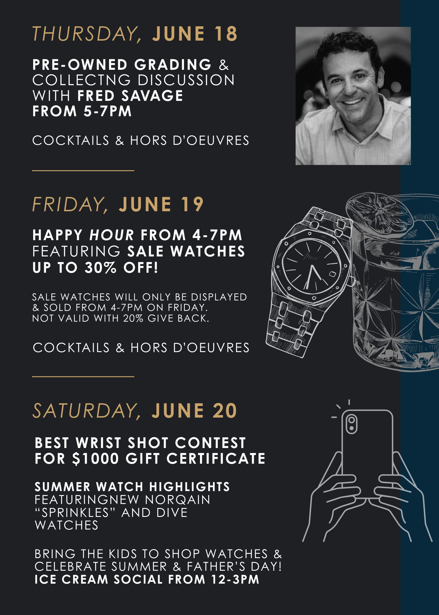 Event flyer featuring watch sales and activities on June 18-20.