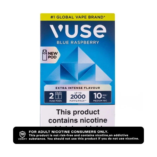 Vuse Blue Raspberry vape pod packaging with warning label.