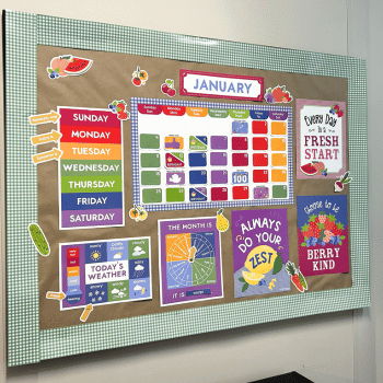 Colorful bulletin board displaying a calendar and motivational messages for January.