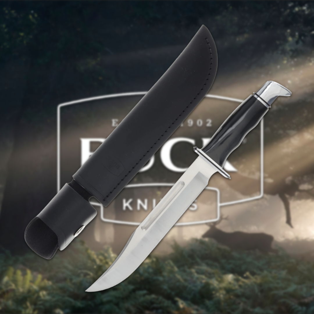 A knife and its sheath in a forest background with a logo.