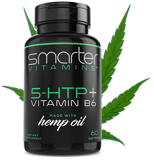 Bottle of smarter 5-HTP plus Vitamin B6, made with hemp oil.