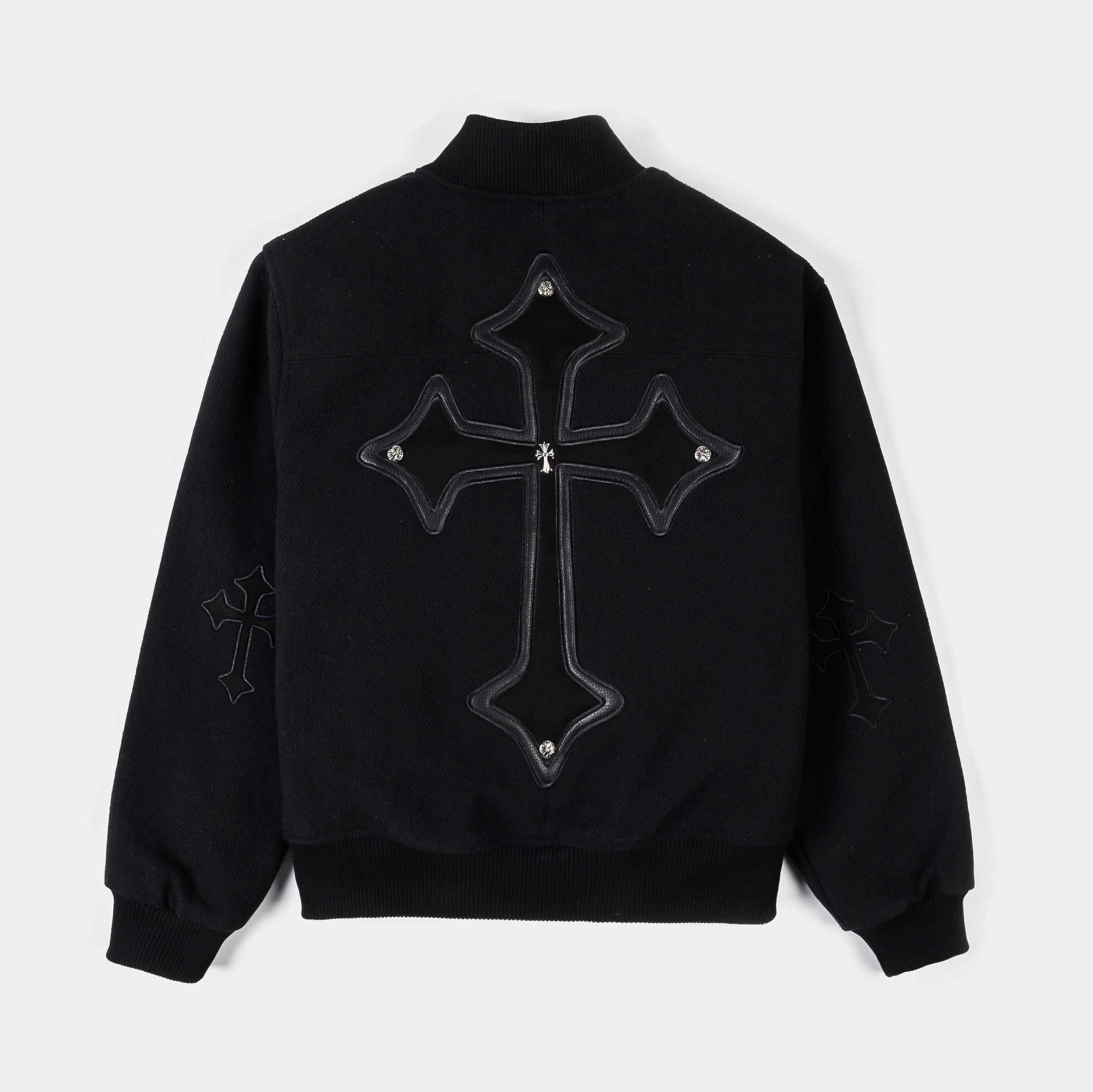 Black varsity jacket with graphic and text details on front and sleeves.