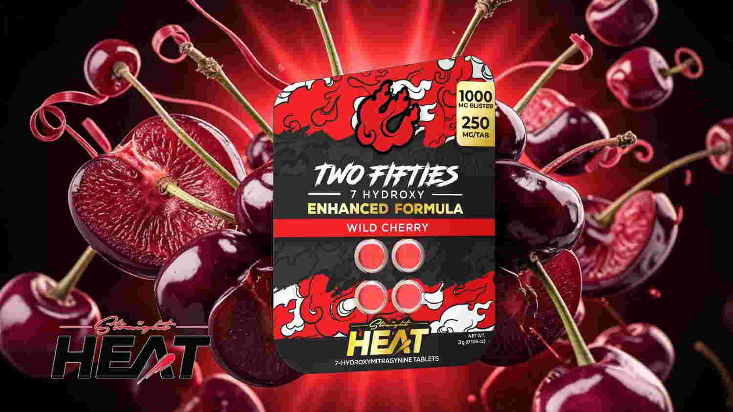 Box of dietary supplement with red cherries and vibrant background.