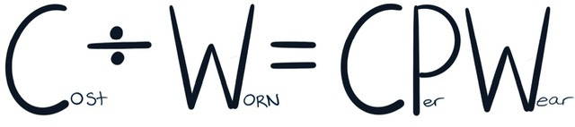 equation illustration cost divided by worn equals cost per wear
