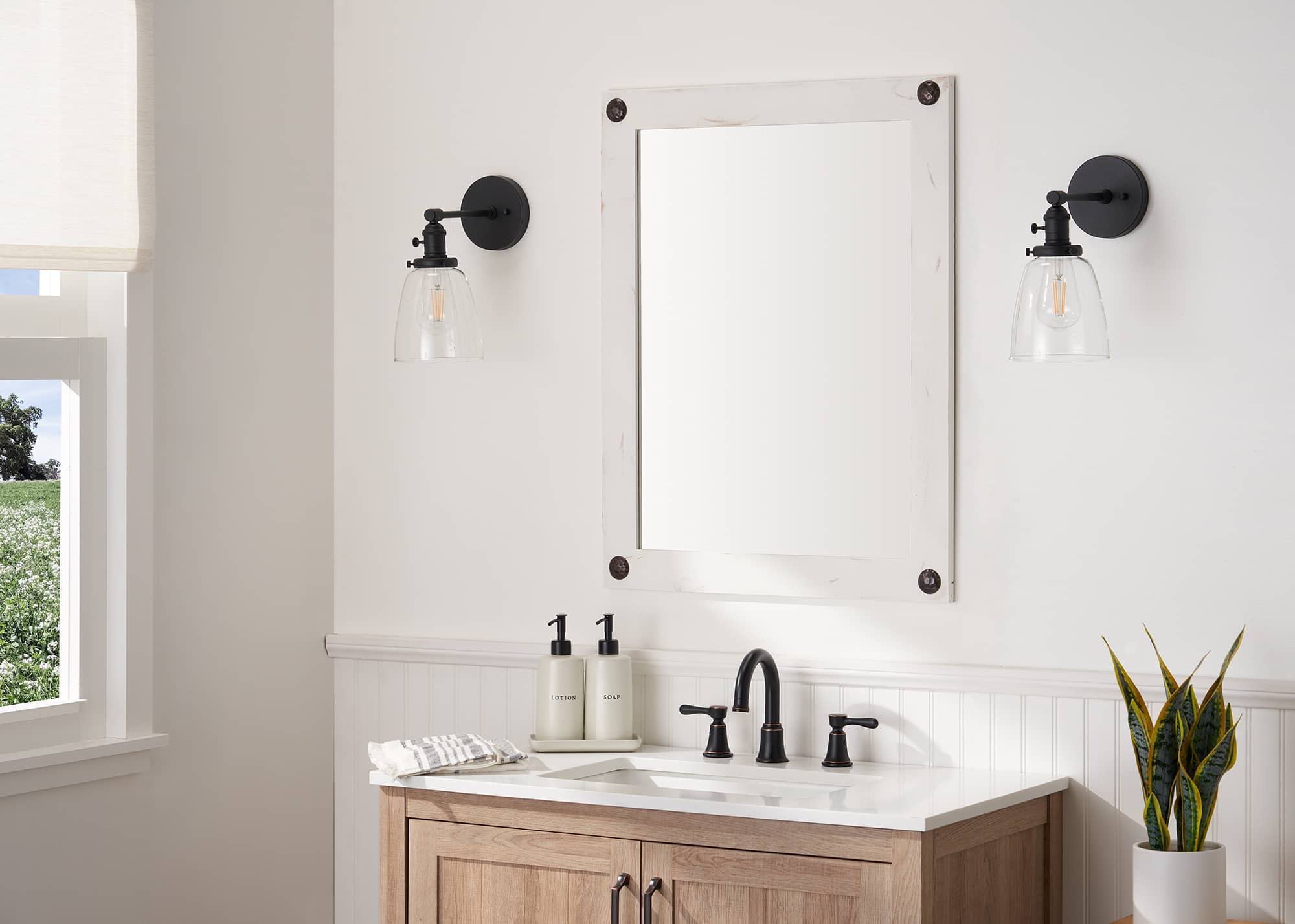 farmhouse style vanity mirror with whitewash frame