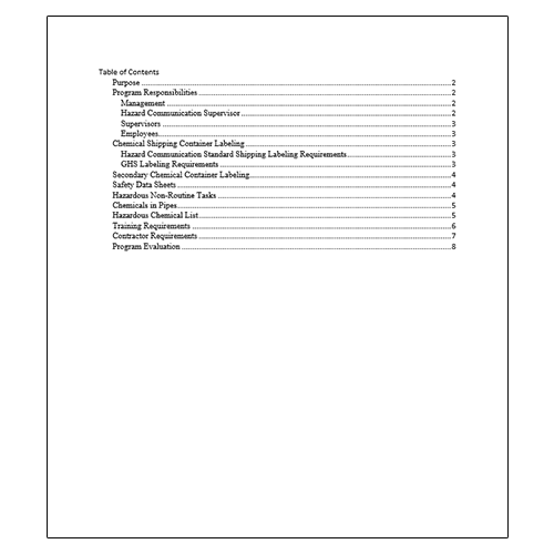 Hazard Communication Program Table of Contents