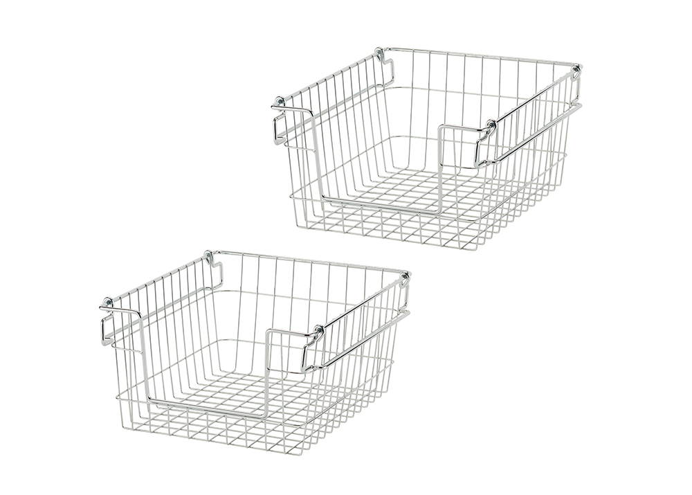 chrome wire baskets sitting next to each other