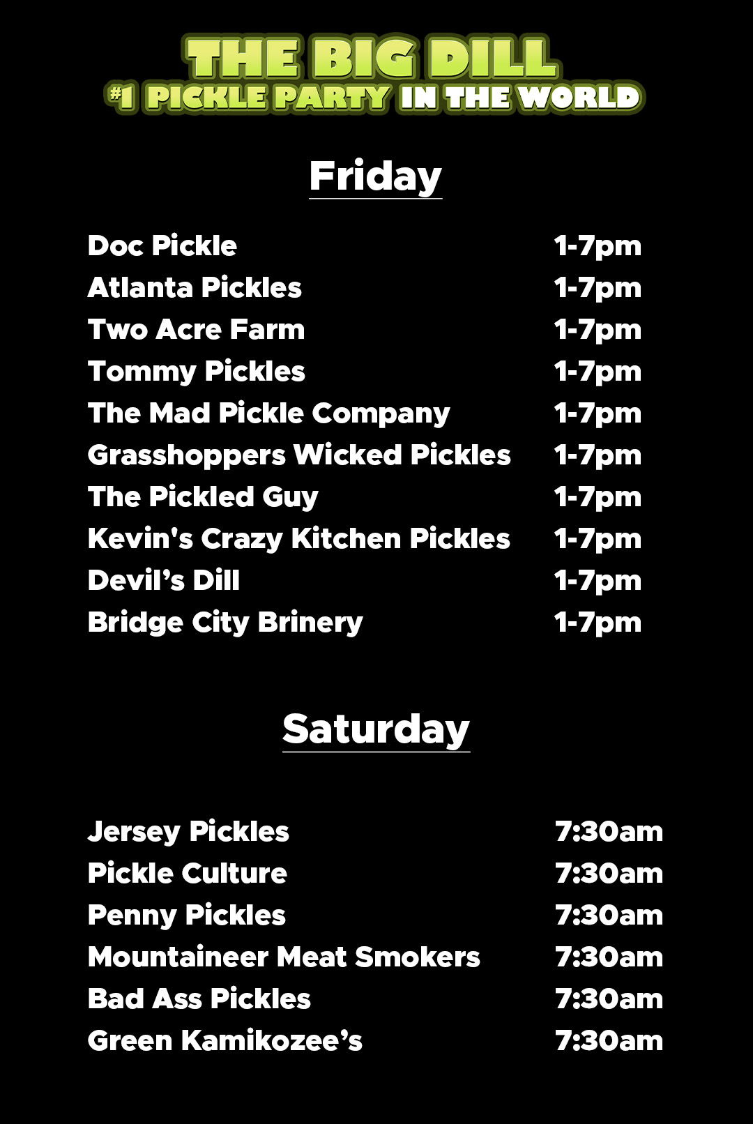 List of pickle vendors and their hours for The Big Dill event.