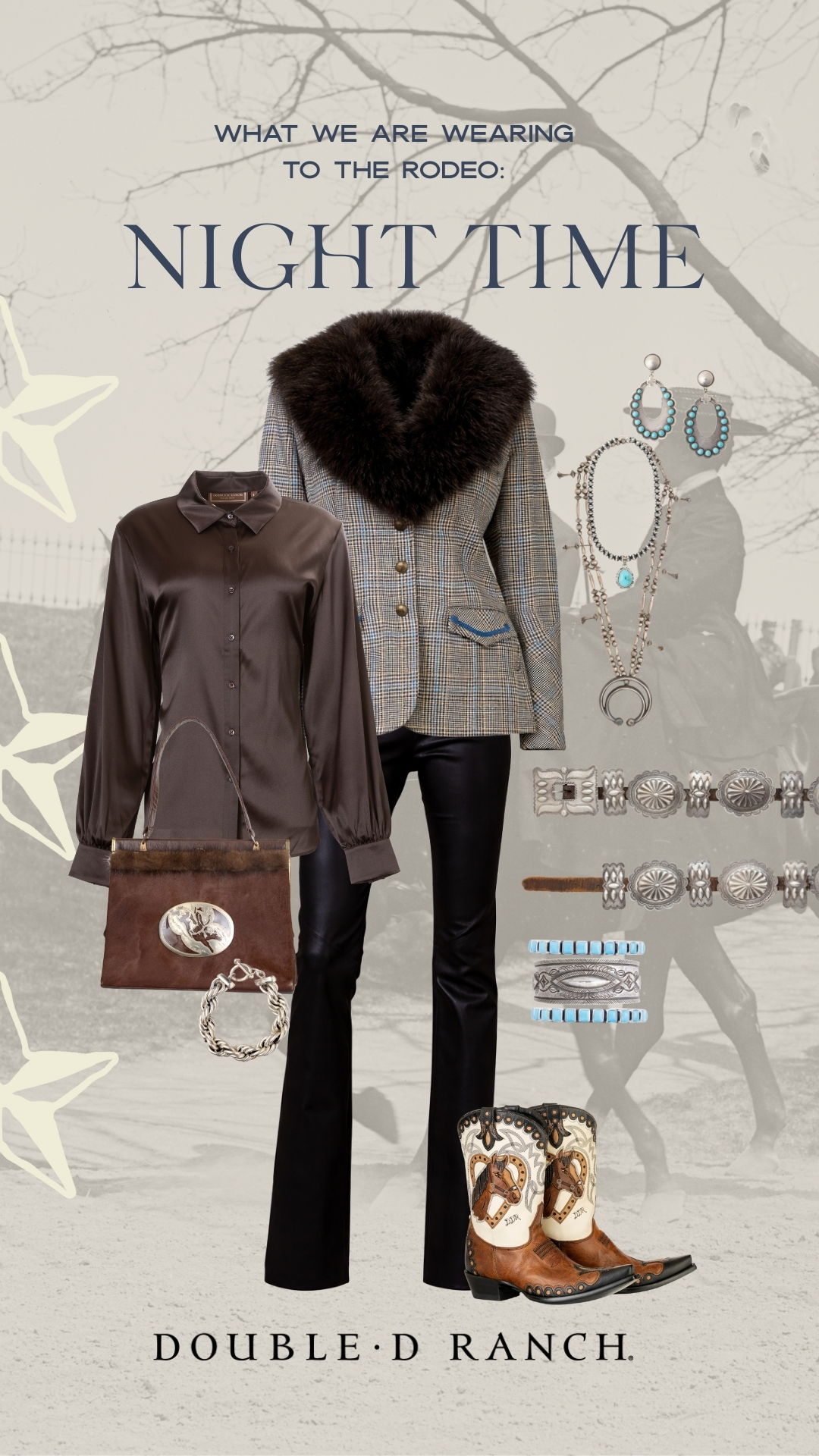 The Riding Habit Jacket with the Ada Blouse in Tobacco paired with the Bronco Bandit Pants with the Horsiculture Boots and Double D Ranch accessories and jewelry.